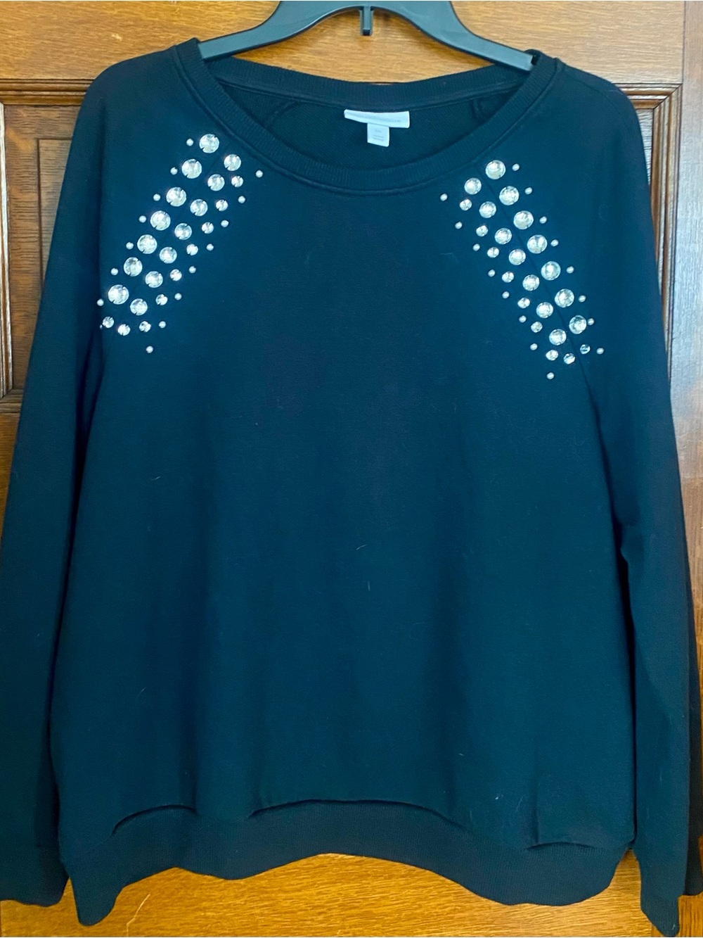 Charter Club Black Crewneck Sweatshirt with Crystal Shoulder Embellishments
